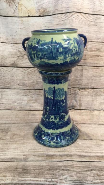 Ironstone Jardiniere and Pedestal: 25 inches tall....blue and white...
