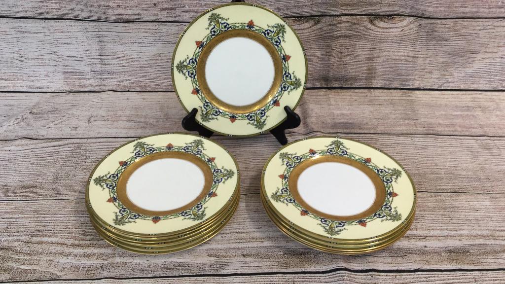 12 Royal Worcester Plates: Pattern is Doncaster, 10 1/2 inch plates with wide gilt banding