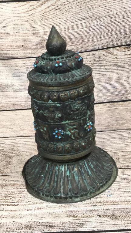 Tibetan Prayer Wheel: 13 inches tall...set with various colored stones, interior spindle* small dent at base rim