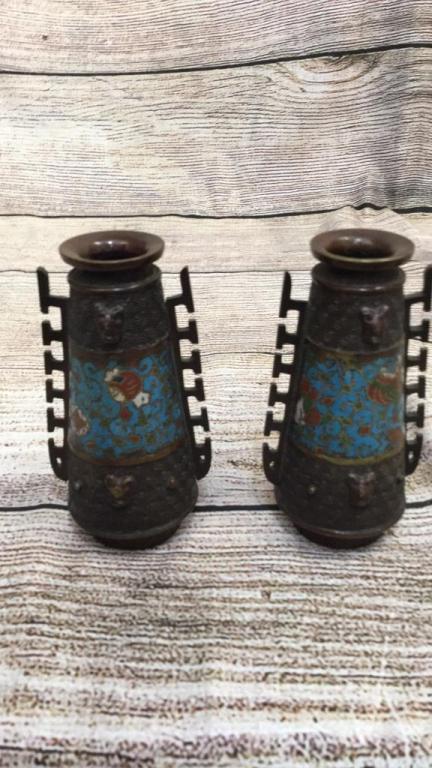 Pair Champleve Asian Form Vases: 5 1/2 inches tall...2 inch enameled band at body, decorated with dragon? head profile....pierced handles