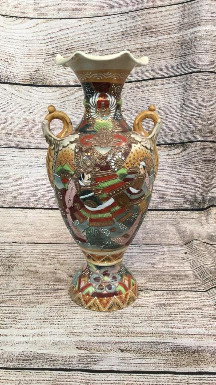 Japanese Satsuma Earthenware Vase: 14 inches tall with flaring rim, double loop handles, Warriors and Iris flowers