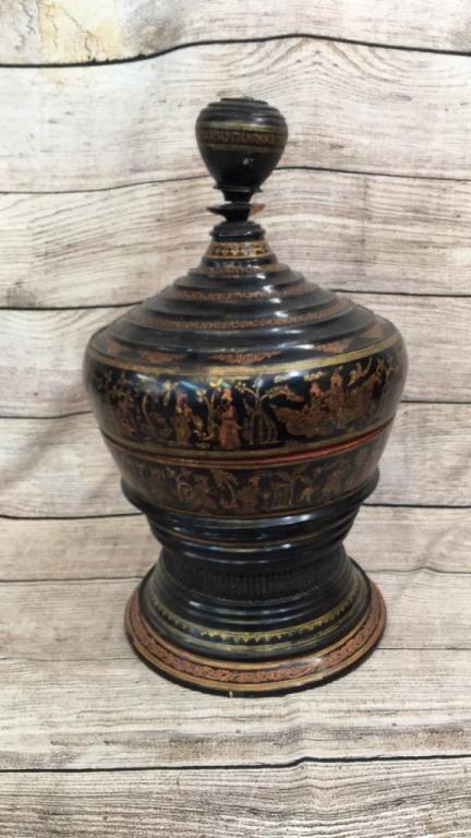 Lacquer Burmese Lidded Vessel: Traditional Buddist Food Offering Vessel, 26 inches * some loss to upper lid...