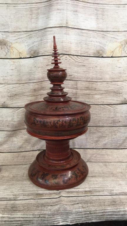 Burmese Lacquered Food Offering Vessel: Stupa Shaped Tradition Buddist food offering vessel....32 inch red lacquer lidded vessel...finial loose