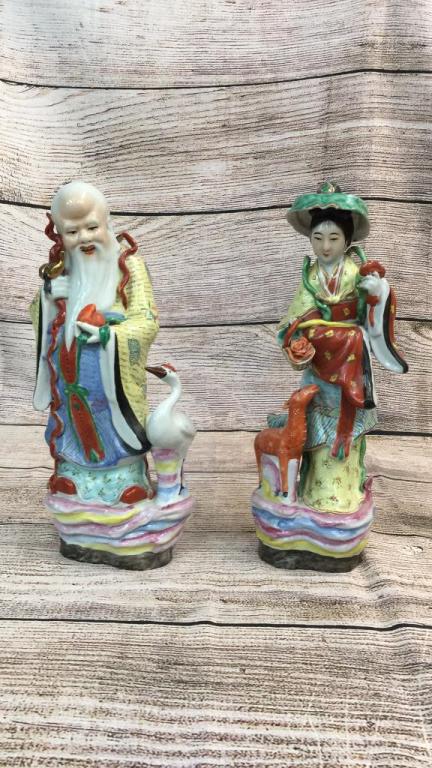 2 Asian Porcelain Figures: 14 inch Elder holding a peach with a goose beside him, 14 inch Lady holding a mirror and basket of flowers...with deer* lady has one broken finger