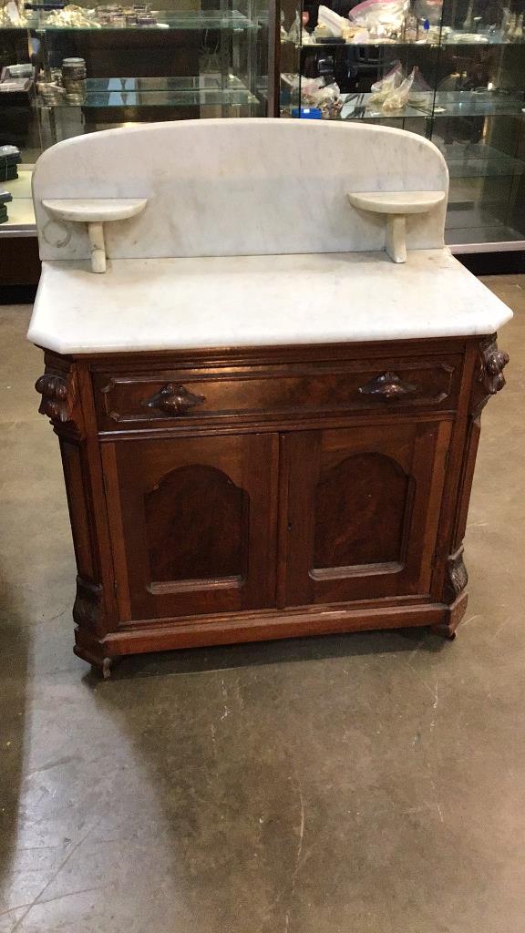 Burl Walnut Marble Top Washstand: Candle shelves, Burl walnut panels and drawer 34 wide x 40 tall to galley, 30.5 tall to top x 18 deep