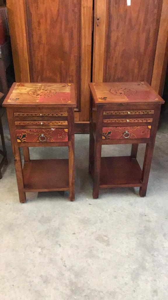 Pair Neat Hand Painted Gaming Tables: Chess, checkers, backgammon, both with gaming pieces 29 tall x 16 wide x 15.25 deep
