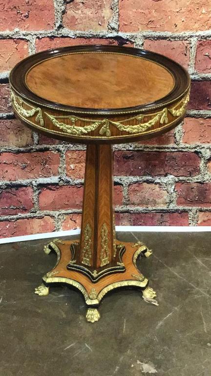 Contemporary Italian Classical Side Table: Brass ormolu mounts, marquetry style inlay 30.5 tall x 205. Diameter