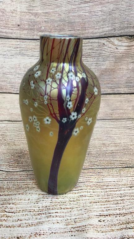 Orient and Flume Art Glass Vase: Beautiful Hawthorn Decoration...iridescent gold ground with ruby and plum colors 8 inch vase retains original paper label for Orient and Flume, Chico California...excellent condition