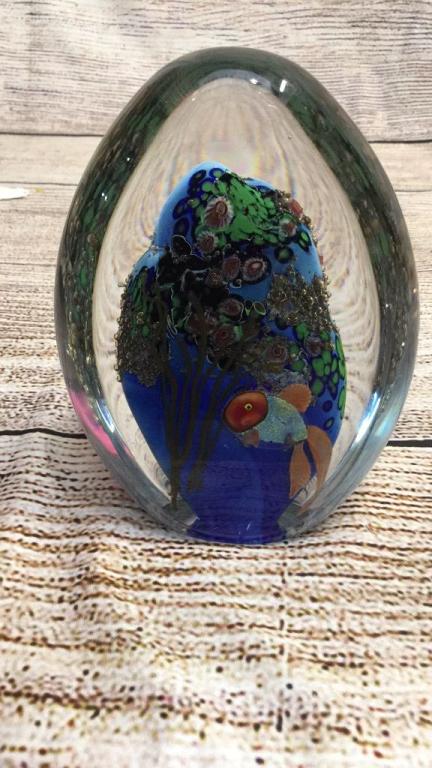 Rick Satava Art Glass Paperweight or Sculpture: Chico California Artist, dated ,92...also # 3197..5 inches tall, egg shaped with flat surface front..blue under sea design with sea weed and fish, beautiful colors good condition ..script signed on ba