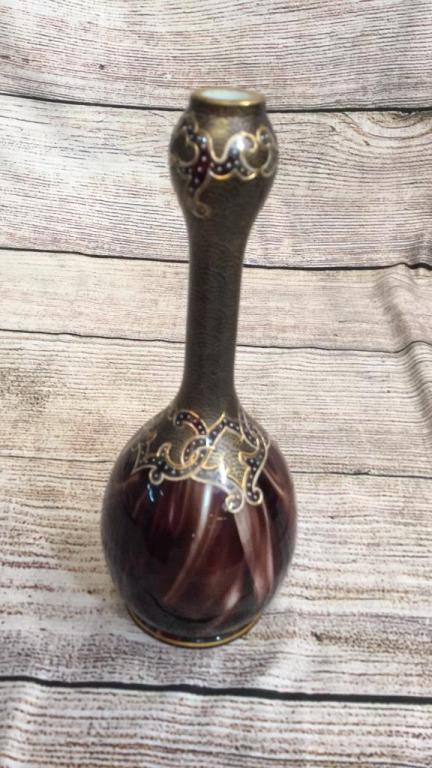 Harrach / Loetz Bohemian Marmorierte Glass Vase: 11 1/2 inches with enameled neck and shoulders, not signed, deep marbled colors