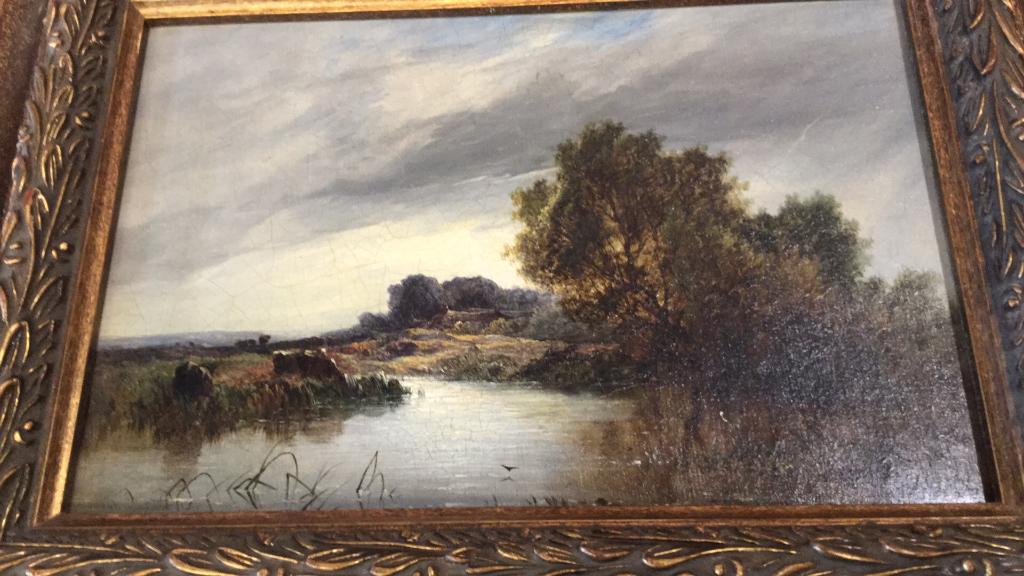 Oil on Canvas Attributed to John Constable: Being re-offered from our June auction due to nonpaying buyer. Pastoral River, Artist signed lower left very faintly, also stamped on reverse canvas, 18 x 15 in the frame, attached note from estate ow