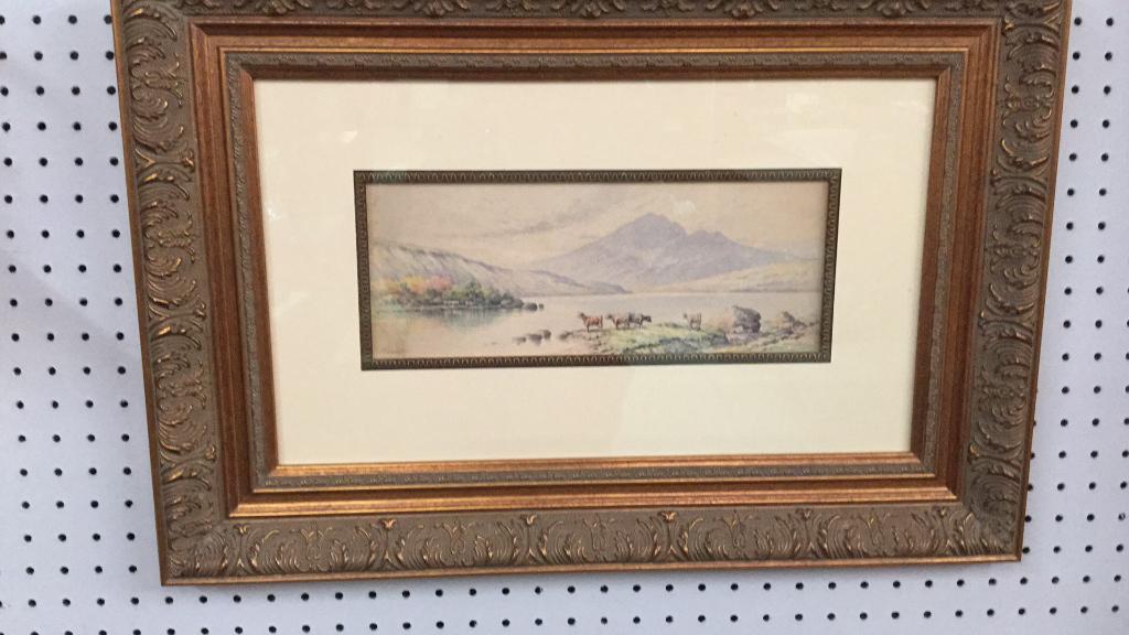 Thomas Campbell Watercolor: Loch Loman Landscape with Cattle...signed lower left. ..17 x 24 in Decorative frame