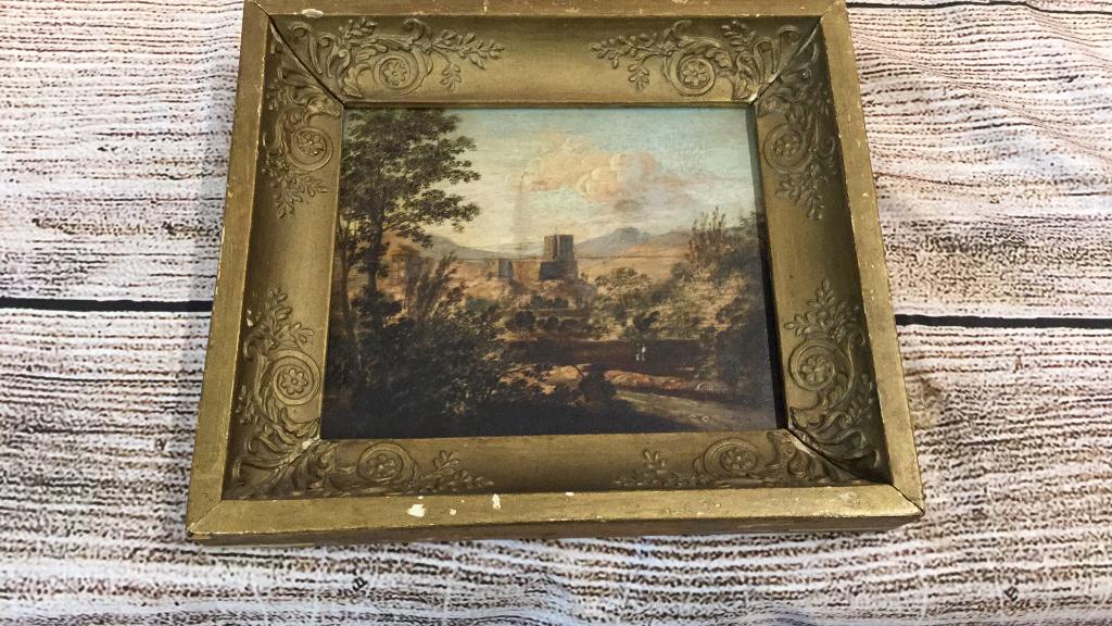 Oil on Board, English Landscape: In the style of John Constable, or Circle... Romantic Landscape scene, 7.5 x 6 1/4 inches...mounted in a wood frame...10 x 9...* no noted signature..thru split on board