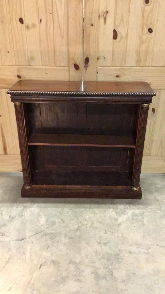 Diminutive Walnut Book Shelf: Reeded columns, carved accents 35 tall x 39 wide x 12 deep