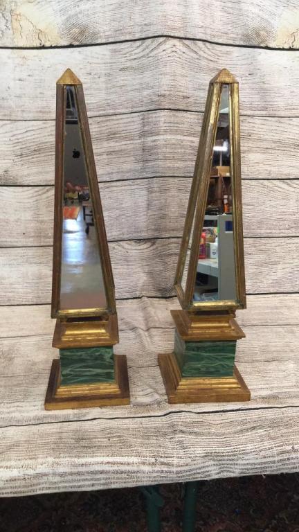 Pair Italian Mirrored Gilt Wood Obelisk: 25 inches tall, faux marbelized base