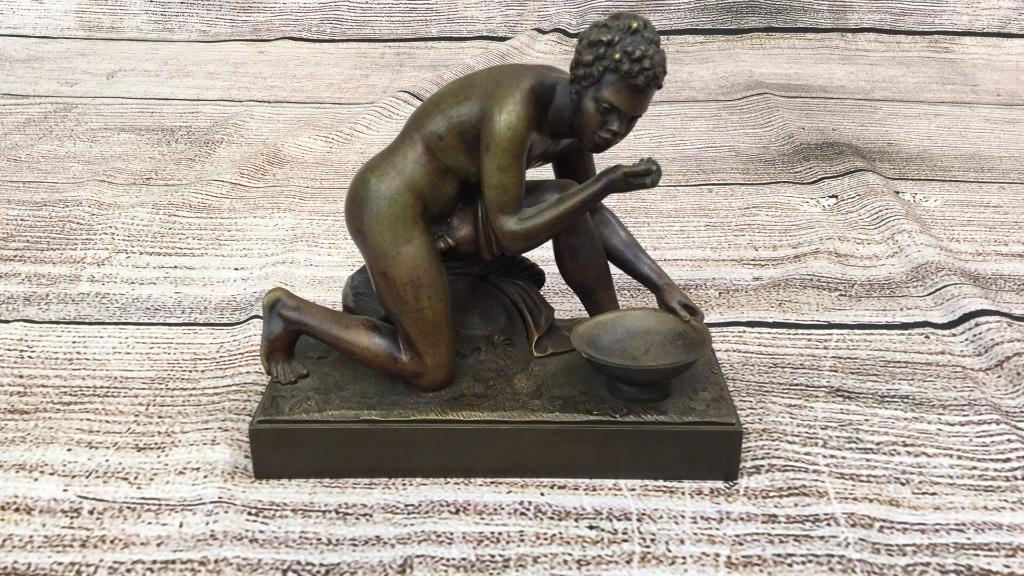 Bronze Statue, Boy with Basin: 7 x 6 1/2 inches, no marks, good condition