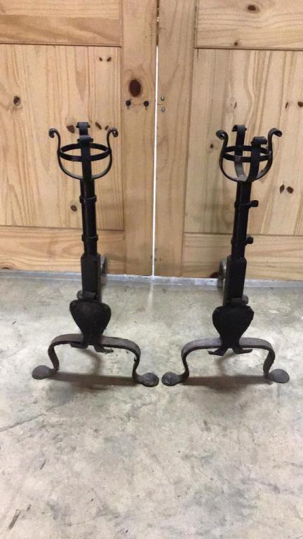 Pair 1920’s Wrought Iron Andirons w Candle holders: 27 Tall