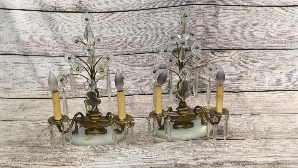 Pair Antique French Wall Scone Mounted as Lamps: 16 inches tall, mounted on oval white marble base, Crystal teardrops and brilliants over urn forms...electrified