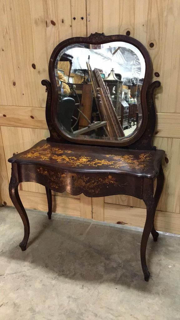 Finely Inlaid Italian Dressing Table: 1930’s Beveled mirror, satinwood and mother of pearl inlay 58 o top of mirror, 29 to top x 49 wide x 30 deep