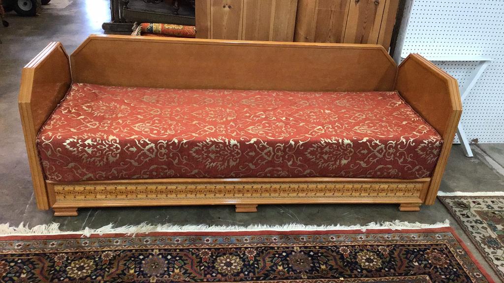 Moroccan Inlaid Maple Daybed By Richbond: Handmade, breaks down. Easily for transport.84 long x 32 deep x 19 tall to seat, 30 to back