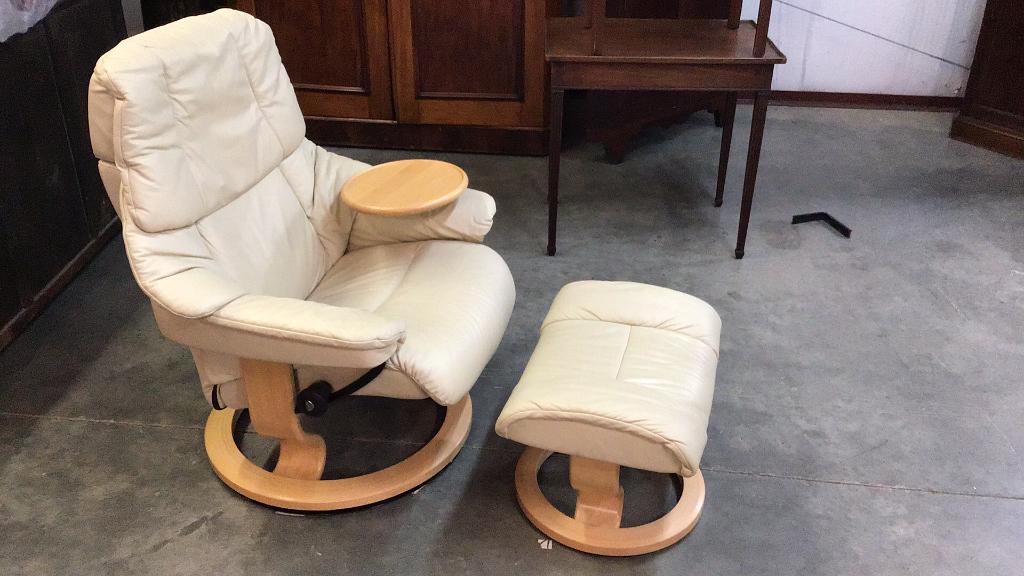 Genuine Leather Stressless Recliner: With Ottoman, like new