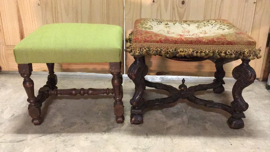 2 Early Walnut Ottomans: 1 Baroque, 1 Renaissance revival, fair condition see photos