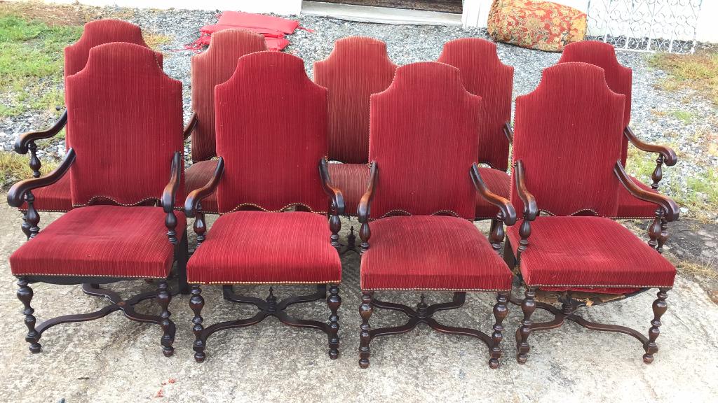 Set of 9 Baroque Open Arm Dining Chairs: Some fading on the upholstery , some bottoms need repair
