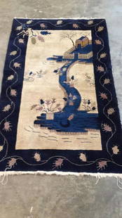 Chinese Carpet: 3.5 x 5.5 on cream ground with traditional blue border, unusual center design* fringe loss