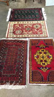 4 Prayer Carpets or Matts: 2 x 3 Mahal in earth tones, 2.5 x 3 prayer rug signed by Weaver in deep green...3 x 2 prayer rug central cartouch red ground with yellow, 2.4 x 3 with tree of life, animals on border, red and