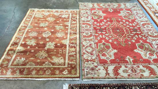 2 Oriental Carpets: 4 x 6 Ushak, Wool..double banded border, red cream, green...3 x 5 in cinnamon and green..