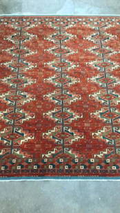Turkoman Rug: 4.5 x 5 foot...red ground with 3 rows gul designs..multi colors..* fringe loss to ends