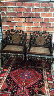 Pair Rosewood Inlaid Asian Armchairs: Mother of pearl inlay, marble seats and backs, substantial, contemporary 26 wide x 21 deep x 40 tall to back, 20.5 tall to seat