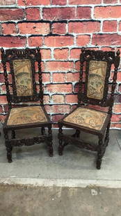 Pair Carved Renaissance Revival Side Chairs: Strudy, Good Conditon
