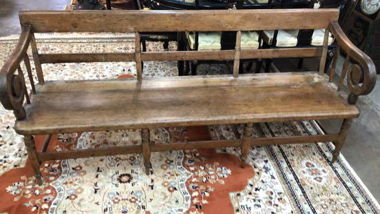 19th C Scroll Arm Bench: Thick one board seat, sturdy, substantial , with cushion, some staining on cushion 76 long x 20 deep x 34 tall to back, 17 tall to seat