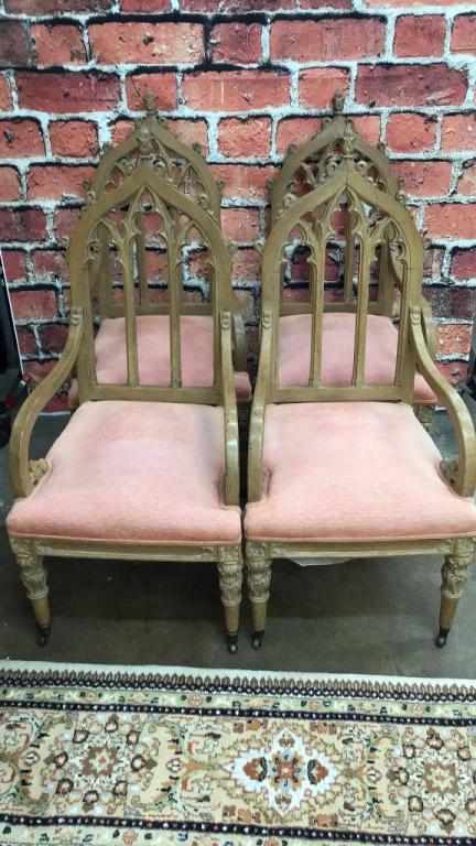 4 Carved Oak Gothic Revival Open Armchairs: Good shape, sturdy, sepreation in one arm but still sturdy see photos 45 tall to back, 17 to seat x 21 deep x 20 wide