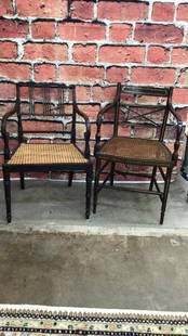 Pair Early Continental Open Armchairs: Original Paint Cane seats w cushions, sturdy