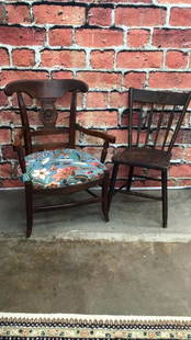 2 Assorted Period Chairs: Elm open armchair w carved back and upholstered seat Stingless arrow-back plank bottom side chair
