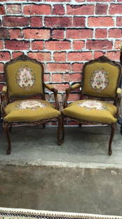 Pair French Provincial Style Open Armchairs: Needlepoint seats, sturdy