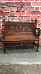 Barley Twist Oak Bench: 38 tall to back, 17 to seat x 46 wide x 18 deep, Carved Green-man back, sturdy