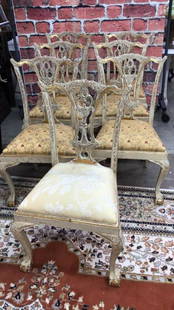 Set of 7 Designer Dining Chairs: Shabby chic with and gold paint, matching Asian themed upholstery on 6, excellent condition, sturdy