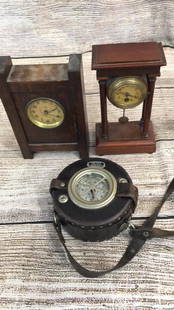 Table Clocks, Watchmans Clock: 8 x 2 Mission Oak Case Clock,no marks...8 inch wood pillar clock * small chip to upper case, no marks...Detex Newman Watchmans Clock in leather case with strap* no key