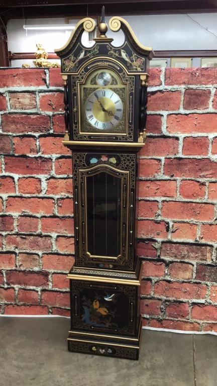 Asian Influenced Paint Decorated Case Clock: Urgos made in Germany, 78.5 tall x 18 wide x 10 deep