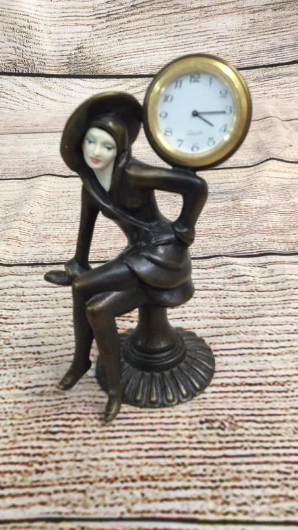 Art Deco Small Bronze Table Clock: 5 inches tall...lady seated on a stool with hat...* clock has been replaced from original...no marks to base