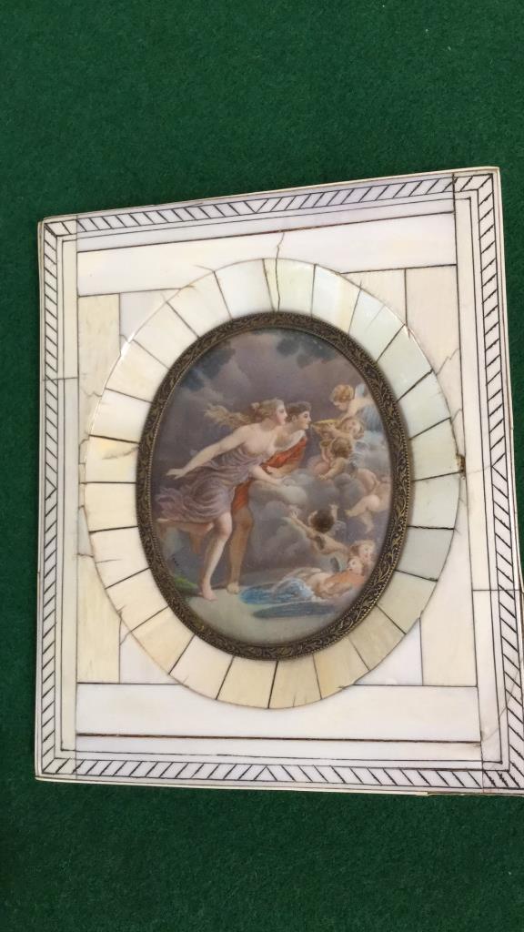 Hand Painted Miniature, Boucher: Loves Fountain....artist signed on left edge...3 1/2 inch oval portrait mounted in a 4 x 6= bone frame