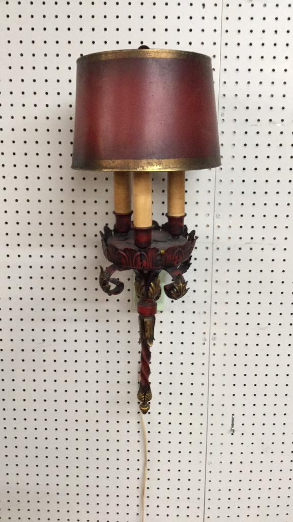 Tole Style Electrified Wall Wall Sconce: 28 inches, red and gilt decorative elements ....paper shade