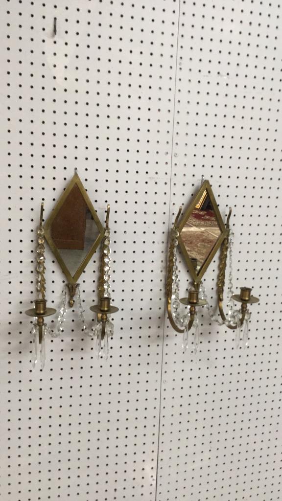Pair Colonial Williamsburg Mirrored Wall Sconces: Stamped at top CW..w/4xx....13 x 7 inches....double light sconce....with brilliants and draping