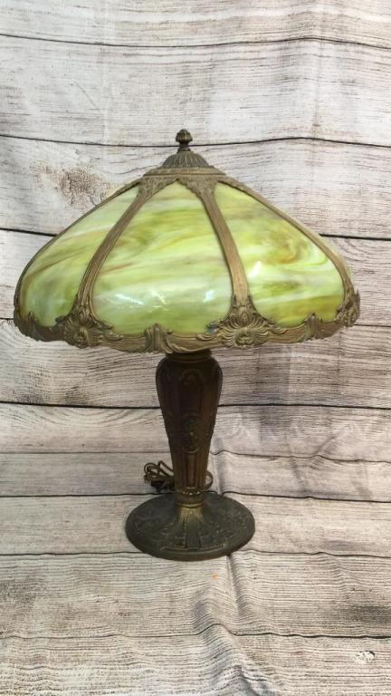 Antique Bronzed Art Nouveau Slag Glass Lamp: 8 Panel shade with overlay trims, 24 inches tall, base with classic panel and foliage designs, not stamped...beautifully swirl green slag ..nice condition..