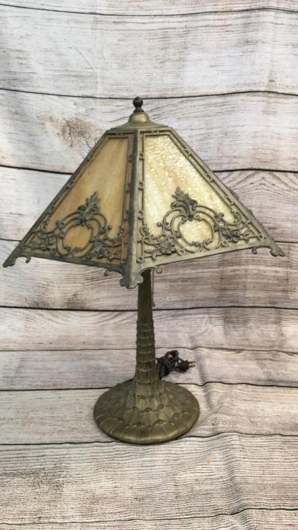 Art Nouveau Slag Glass Lamp: 6 Caramel Glass Panels with Rosette overlay, lotus petal style lamp base, 24 inches tall, no marks...good condition