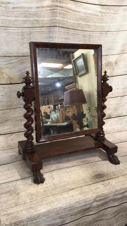 George III Style Mahogany Shaving Mirror: 28 x 22 inches...rope turned posts, paw feet* some loss to veneer