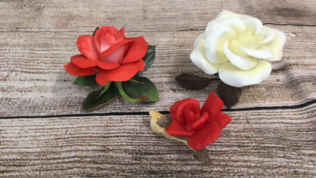 Three Boehm Porcelain Roses: Red Queen Isabella 500 Anniversary Discovery of New World , 1992 F322....white Casanova Rose FR 6, mounted on metal leaf..petite America Pride Red Rose F160
